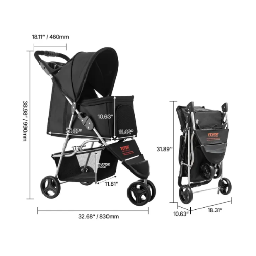 Foldable 3-Wheel Pet Stroller for Small Dogs