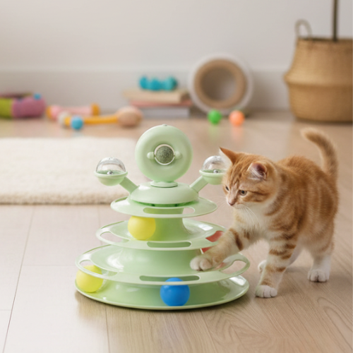Interactive 4-Level Cat Toy Tower with Roller Balls & Turntable